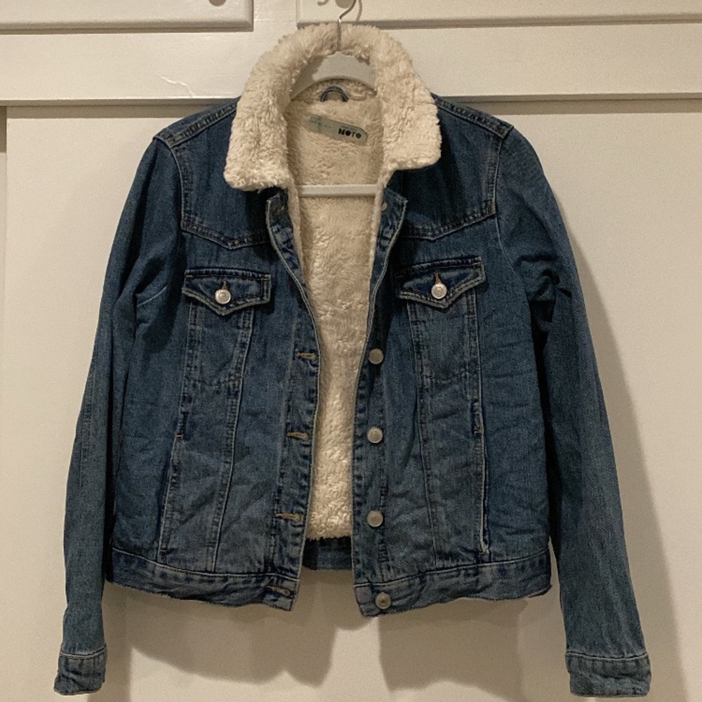 Topshop Moto Petite Denim Jacket Sherpa Fur Collar Light Blue White US 6 Size 10
